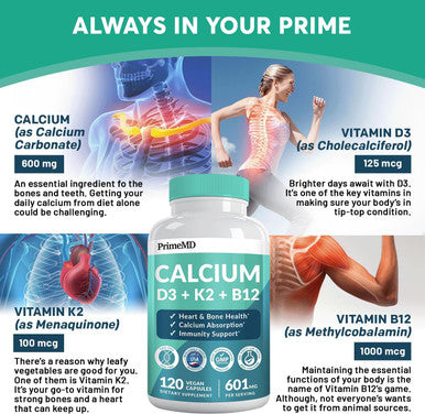 Primemd 4-In-1 Calcium Supplements For Women & Men - Calcium 600Mg With Vitamin D3 K2 B12 5000 Iu Supplement For Heart, Bone & Body Defenses - Gluten-Free, Non-Gmo, Vegan Friendly (120 Count)