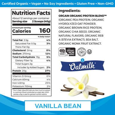 Orgain Plant-Based Protein Powder + Oatmilk, Vanilla Bean, 20g of Vegan Protein, 2g of Sugar, Made from Organic Oats, No Dairy or Soy, Non-GMO, 1lb