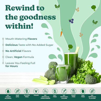 Rewind Greens - Super Greens Powder - Delicious Green Juice Drink Mix With Amazing Flavor - Over 40 Superfoods - Vitamin B12, Zinc, Vitamin C, Magnesium, And Calcium - Cherry Delight