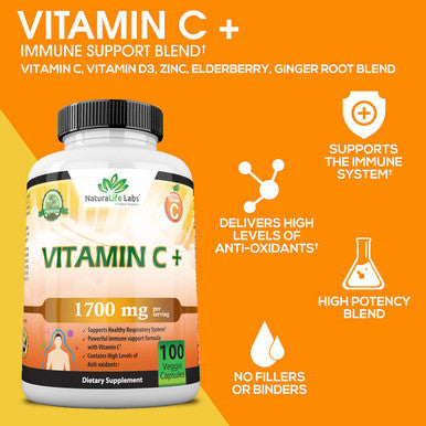 Naturalife Labs A Higher Standard Vitamin C 1,700 Mg With Vitamin D3, Zinc, Elderberry, Ginger Root - Maximum Strength Multi System Immune Support- 100 Veggie Capsules