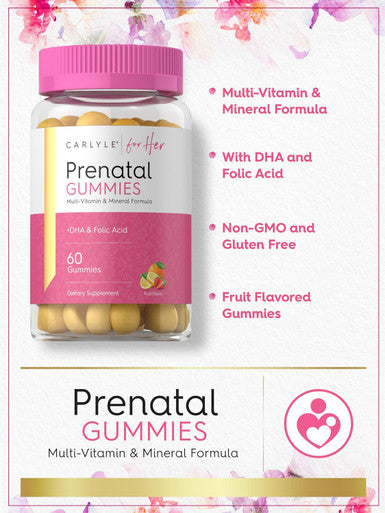 Carlyle Prenatal Gummies for Women | with DHA & Folic Acid | 60 Count | Fruit Flavor | Non-GMO Gluten Supplement | for Her