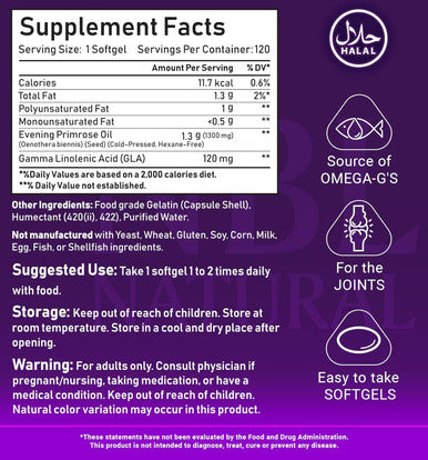 Nbl Natural NBL Natural Super Primrose 1300 mg with Naturally Occurring GLA (Gamma-Linolenic Acid) Women s Health & Skin Health 120 Softgels
