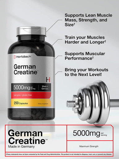 German Creatine Monohydrate 5000mg | 250 Capsules | Non-GMO, Gluten Free Supplement | by Horbaach