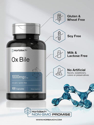 Ox Bile 1000 mg 100 Capsules | Digestive Enzymes Supplement | Non-GMO & Gluten Free | by Horbaach