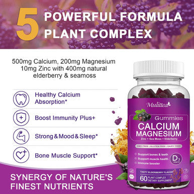 Calcium Magnesium Zinc Gummies With High Absorption Magnesium Glycinate 200Mg, Potassium -Plant Calcium Supplement W/ D3 & Sea Moss For Bone, Muscles, Calm Mood & Sleep Support- Kids & Adults (2 Pack)