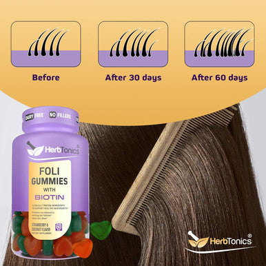 Herbtonics Foli Gummies Biotin Gummies With Hair Vitamins Hair Growth Supplement For Women & Men Hair, Skin And Nails Vitamins Gummies For Women Vitamins For Hair Growth 60 SugarGummies