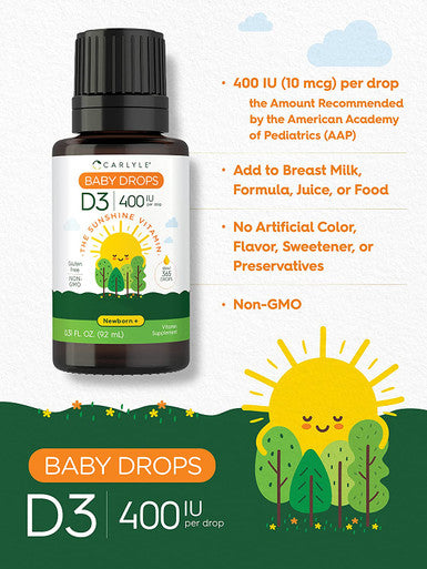 Carlyle Vitamin D3 Baby Drops | 400 IU | .31oz (9.2 mL) | 1 Year Supply (365 Servings) | Vegetarian, Non-GMO, and Gluten Free Drops for Infants and Newborns