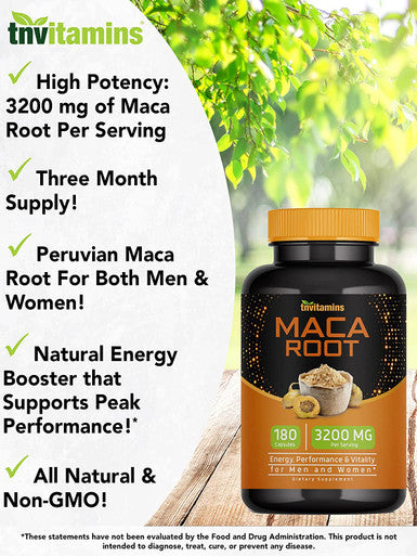 Maca Root Capsules for Women & Men (3200 MG - 180 Capsules) | Peruvian Maca Root Powder Extract Capsules | High Potency Maca Pills | Non-GMO | by TNVitamins