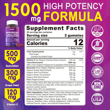 Resveratrol Gummies 1500Mg - Sugar Resveratrol Supplement With Quercetin, Grape Seed, Acai Berries Extracts Support Antioxidant, Healthy Aging & Longevity, Skin, Joint, Brain Wellness - 2Pack