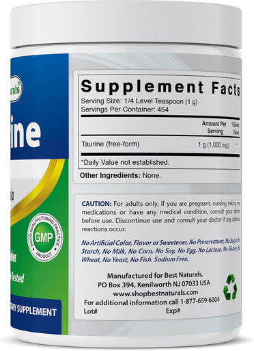 Best Naturals 100% Pure Taurine Powder Form - Taurine 1000mg per Serving - 1 Lb (454 gm) (1 LB (Pack of 2))