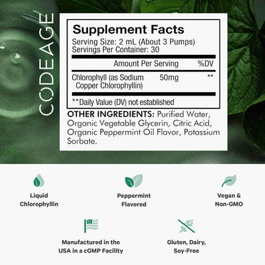 Codeage Chlorophyll Liquid Drops Supplement - Vegan Chlorophyll 50 mg per Serving Liquid Chlorophyll Water Organic Peppermint Flavor Clorofila Drink - Non-GMO Gluten- Vegan - 2 fl oz