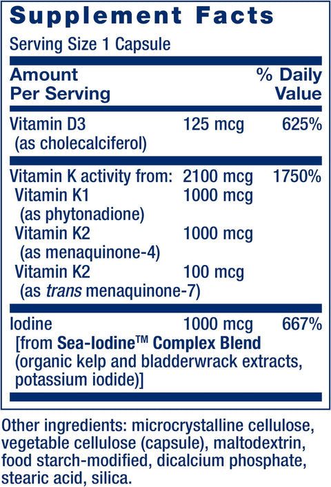 Life Extension Vitamins D and K with SeaIodine Vitamin D3 Vitamin K1 and K2 Iodine Supports Immune Bone arterial and Thyroid Health NonGMO GlutenFree 60 Capsules