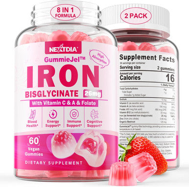 Iron Bisglycinate 26Mg Filled Gummies- Gentle Beet Root Iron Gummy Plus Vitamin C, Supplement Iron With B12 & Folate For Women & Men, Iron Deficiency, Immune & Energy Support, Sugar-Free, Vegan,120Cts