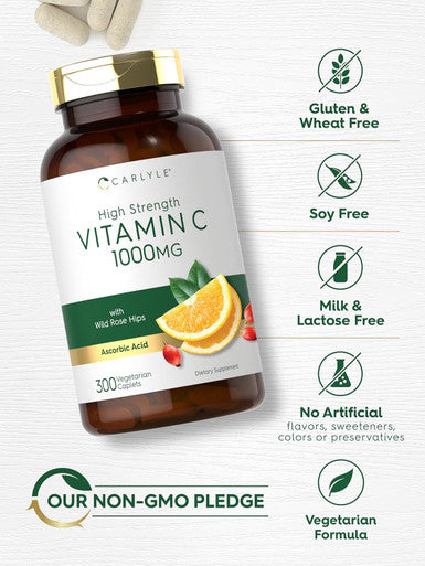 Carlyle Vitamin C 1000mg | 300 Vegetarian Caplets | Ascorbic Acid with Wild Rose HIPS | High Strength Formula | Non-GMO and Gluten Supplement