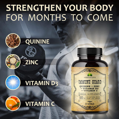 Herbalicious Quinine Immune Guard - Quinine Capsules Supplement with Vitamin C D3 Zinc - for Muscle Cramps Relief & Stomach Wellness - Non-GMO Cinchona Bark Herbal Supplements - 500mg 60 Capsules