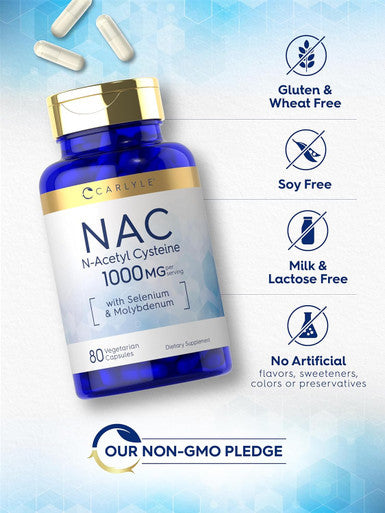 Carlyle NAC Supplement N-Acetyl Cysteine | 1000 mg | 80 Capsules | with Selenium & Molybdenum | Vegetarian Non-GMO & Gluten