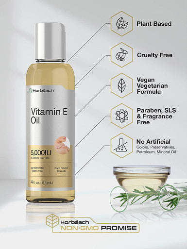 Natural Vitamin E Oil | 5000 IU | 8 oz (2 x 4oz) Value Pack | for Skin, Hair & Face | Vegetarian, Non-GMO, and Gluten Free Formula | by Horbaach