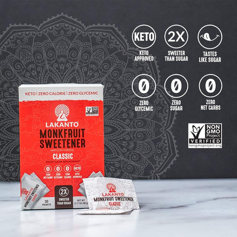 Lakanto Classic Monk Fruit Sweetener Packets - White Sugar Replacement, Zero Net Carbs, Zero Glycemic, Zero Calorie, Sweeten on the Go, Coffee, Lemonade, Other Drinks, Desserts (Classic, 30 Count)- Pack of 2