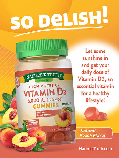 Vitamin D3 Gummies | 5000 IU | 60 Count | Vegetarian, Non-GMO & Gluten Supplement | Natural Peach Flavor | by Nature's Truth