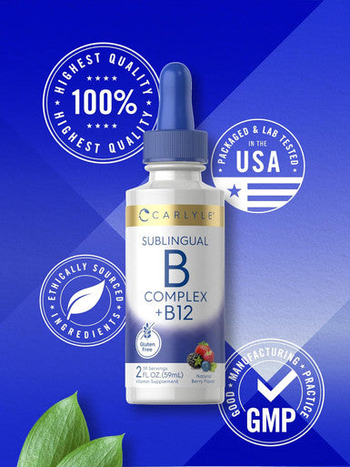 Carlyle Sublingual Vitamin B Complex | with B12 | 2 Fluid Ounces | Berry Flavor | Vegetarian Non-GMO and Gluten Supplement