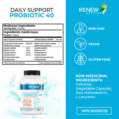 Renew Actives Probiotic 40 Billion Cfu Supplement - Double Strength High Potency For Health & Favourable Gut Flora - Daily Support For Both Men And Women Digestive Health - 60 Capsules