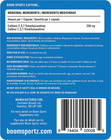 BOOM SPORTZ - CAFFEINE - 100% Pure 200 mg 500 Tablets/Servings