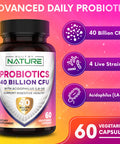 Built Nature Probiotics 40 Billion Cfu - 4 Diverse Strains + Prebiotic - Digestive & Gut Health - Supports Occasional Constipation, Diarrhea, Gas & Bloating - Probiotics For Women & Men - 60 Capsule