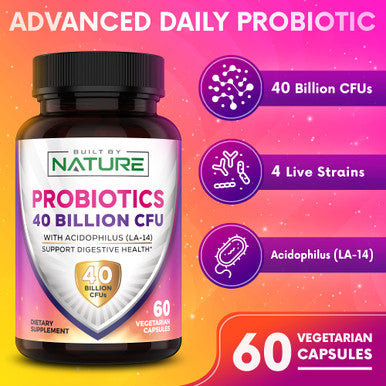Built Nature Probiotics 40 Billion Cfu - 4 Diverse Strains + Prebiotic - Digestive & Gut Health - Supports Occasional Constipation, Diarrhea, Gas & Bloating - Probiotics For Women & Men - 60 Capsule