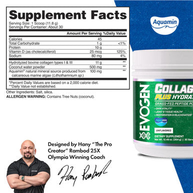 Evogen Collagen Plus Hydration - Grass-Fed Collagen for Women & Men | Collagen Peptides Powder | Collagen Powder Supporting Skin Vitality Hydration Joint & Tissue Health | Unflavored | 30 Servings