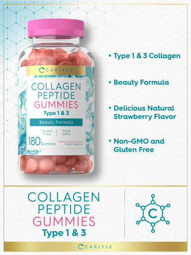 Carlyle Collagen Peptide Gummies 180 Count | Strawberry Flavor Beauty Supplement | Hydrolyzed Collagen For Women & Men | Type 1