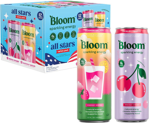 Bloom Nutrition Sparkling Energy Drink - Apple Crisp / Glacier Crush Variety Pack - Natural Caffeine, Zero Sugar, 180mg Caffeine - Antioxidant-Rich with Green Coffee Bean, Green Tea Extract, Prebiotics - 12oz 12 Pack