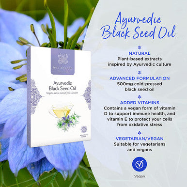 Healthspan Black Seed Oil 500mg | 60 Capsules | Support Muscle Function & Immune Health | Added Vitamins D3 & E | Cold Pressed Black Seed Oil | Ayurvedic | Vegan