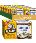 Season Sardines in Water No Salt Added Wild Caught 22g of Protein Keto Snacks More Omega 3's Than Tuna Kosher High in Calcium Canned Sardines 4.37 Oz Tins 12Pack