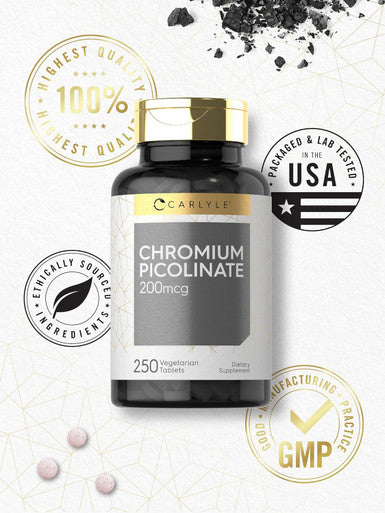 Carlyle Chromium Picolinate 200mcg | 250 Tablets | Vegetarian Non-GMO Gluten Supplement