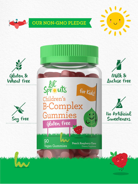 Carlyle Kids B Complex Gummies 90 Count with Vitamin B1 B2 B6 B12 and Ashwagandha Extract Peach Raspberry Flavor Vegan NonGMO and Gluten Free Supplement Lil' Sprouts