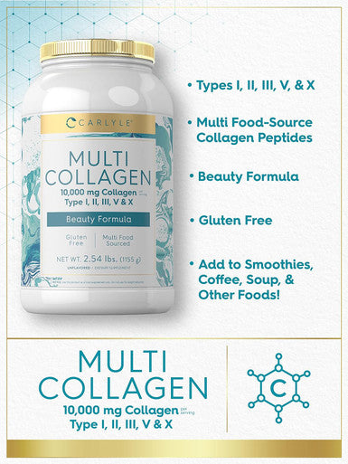 Carlyle Multi Collagen Peptides Powder 40 oz | 10000 mg | Type I II III V & X | Collagen Peptides Supplement with Protein | Multi Food Sourced Collagen | Gluten
