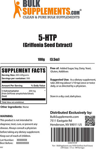 BulkSupplements.com 5-HTP 200mg (Griffonia Seed Extract) - Serotonin Supplement - Mood Boosting Supplement - Mood Stabilizer (100 Grams - 3.5 oz)