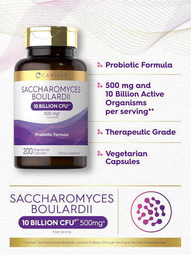 Carlyle Saccharomyces Boulardii Probiotics | 10 Billion CFUs | 200 Capsules | Value Size | Non-GMO Gluten Supplement