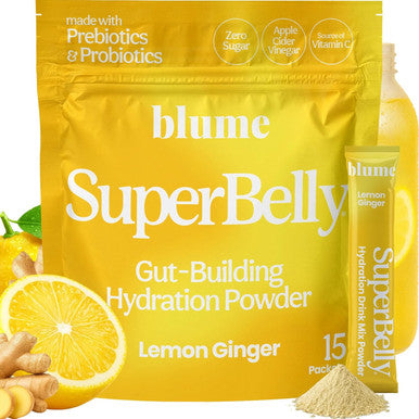 Blume SuperBelly Mango Passion Fruit Gut Health + Hydration 15 Sticks Sugar Free Daily Probiotics Prebiotic Fiber Vit C and Electrolytes Powder Packets