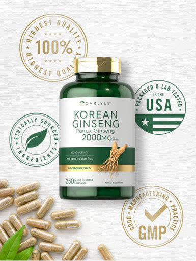 Carlyle Korean Ginseng Extract Capsules 2000 Mg | 250 Capsules | Non-Gmo And Gluten Free Formula | Standardized Panax Ginseng