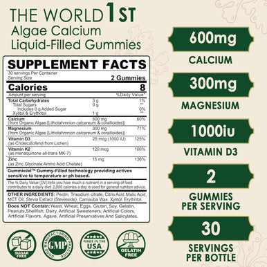 Plant Based Calcium Supplement 600Mg With Vitamin D3 K2, Zinc For Bone Strength, Sustainably Sourced Algae Calcium Magnesium 2:1 Ratio, Sugar Calcium Gummies 70+ Trace Minerals, Vegan, 60 Counts