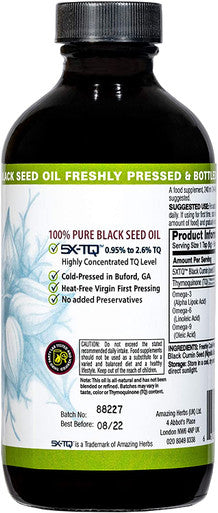 Black Seed Oil - Amazing Herbs Premium High Strength Pure Cold-Pressed Black Cumin Seed Oil (240ml, 8oz Glass Bottle)