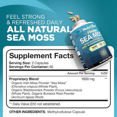Nutrivein Organic Sea Moss 1600Mg Plus Bladderwrack & Burdock - 120 Capsules - Prebiotic Super Food Boosts The Immune System & Digestive Health - Thyroid, Healthy Skin, Keto Detox, Gut, Joint Support
