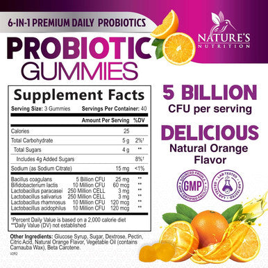 Nature'S Nutrition Probiotic Gummies for Digestive Health Daily Probiotics for Women & Men 5 Billion CFUs Nature's Pro Biotics Gummy for Immune Support Digestive Nutritional Supplements Orange Flavor - 120 Gummies
