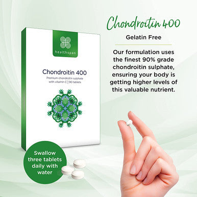 Healthspan Chondroitin (90 Tablets) | High Strength 90% Grade Chondroitin Sulphate | with Added Vitamin C to Support Healthy Bones and Joints | Gelatin Free