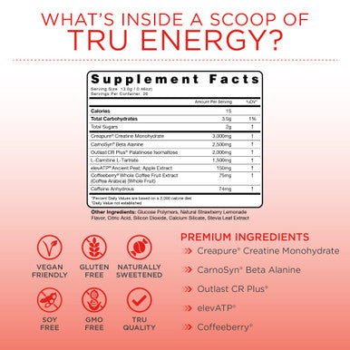 TRU Supplements Energy Pre Workout Training Formula Vegan Friendly No Jitters Improve Workout Performance Naturally Extracted Flavors 20 Servings (Strawberry Lemonade)