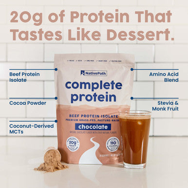 NativePath Complete Beef Protein Powder Isolate ÃƒÂ¢Ã¢â€šÂ¬Ã¢â‚¬Å“ Grass-Fed Pasture-Raised Dairy & Lactose Free Gluten Free Zero Sugar MCTs & Amino Acids ÃƒÂ¢Ã¢â€šÂ¬Ã¢â‚¬Å“ 20g Protein Chocolate Flavor 30 Servings