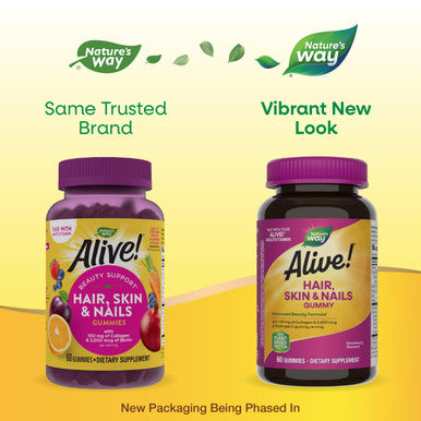 Nature's Way Alive Hair Skin and Nails Gummies with Biotin and Collagen Beauty Support 60 Strawberry Flavored Gummies