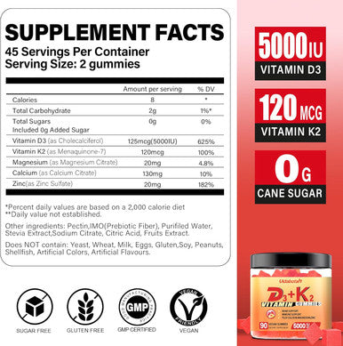 Sugar Vitamin D3 K2 Gummies 5000Iu With Calcium, Magnesium And Zinc For Bone, Teeth, Muscle, Natural Peach Flavor, Vegan, 90 Chewable Gummies