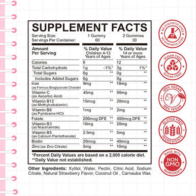 Iron Gummies For Kids, Women & Men, Iron Supplement With Multivitamin - Vitamin B Complex, C, B6, B12, Folate, Zinc For Anemia, Iron Deficiency, Blood Builder, Energy - Strawberry Flavor, Vegan 60Ct